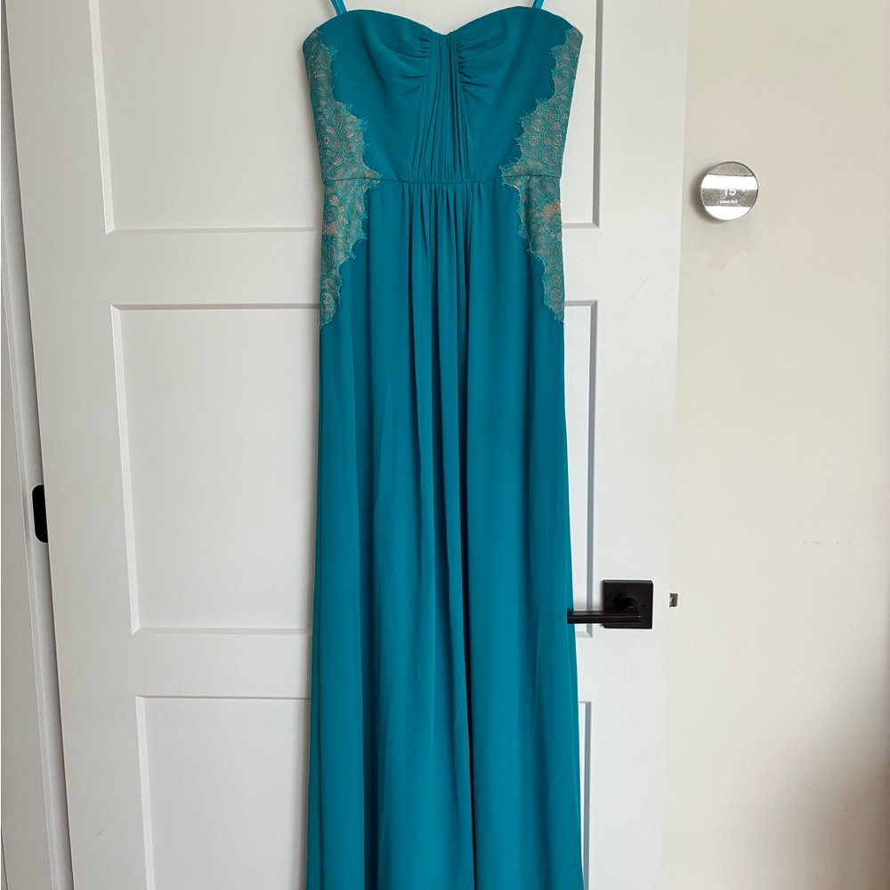 BCBGMaxAzria Strapless Teal Dress with Lace Accents